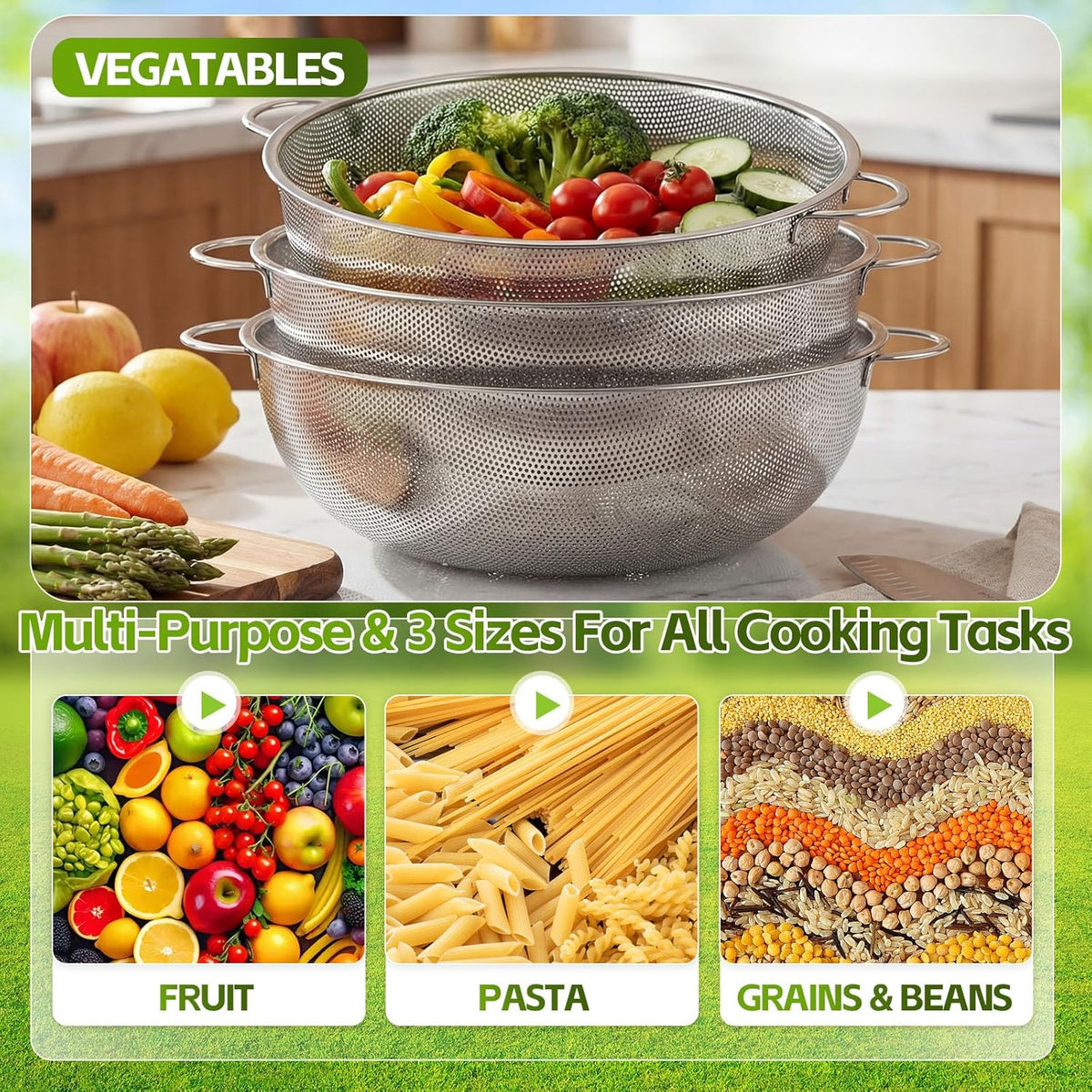 3 Pcs 10/12/16 Quart Stainless Steel Colander Set for Kitchen Micro Perforated Exlarge Metal Pasta Strainer with Handles Metal Mesh Strainer Net Basket Self Draining Solid Base for Pasta