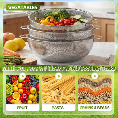 3 Pcs 10/12/16 Quart Stainless Steel Colander Set for Kitchen Micro Perforated Exlarge Metal Pasta Strainer with Handles Metal Mesh Strainer Net Basket Self Draining Solid Base for Pasta