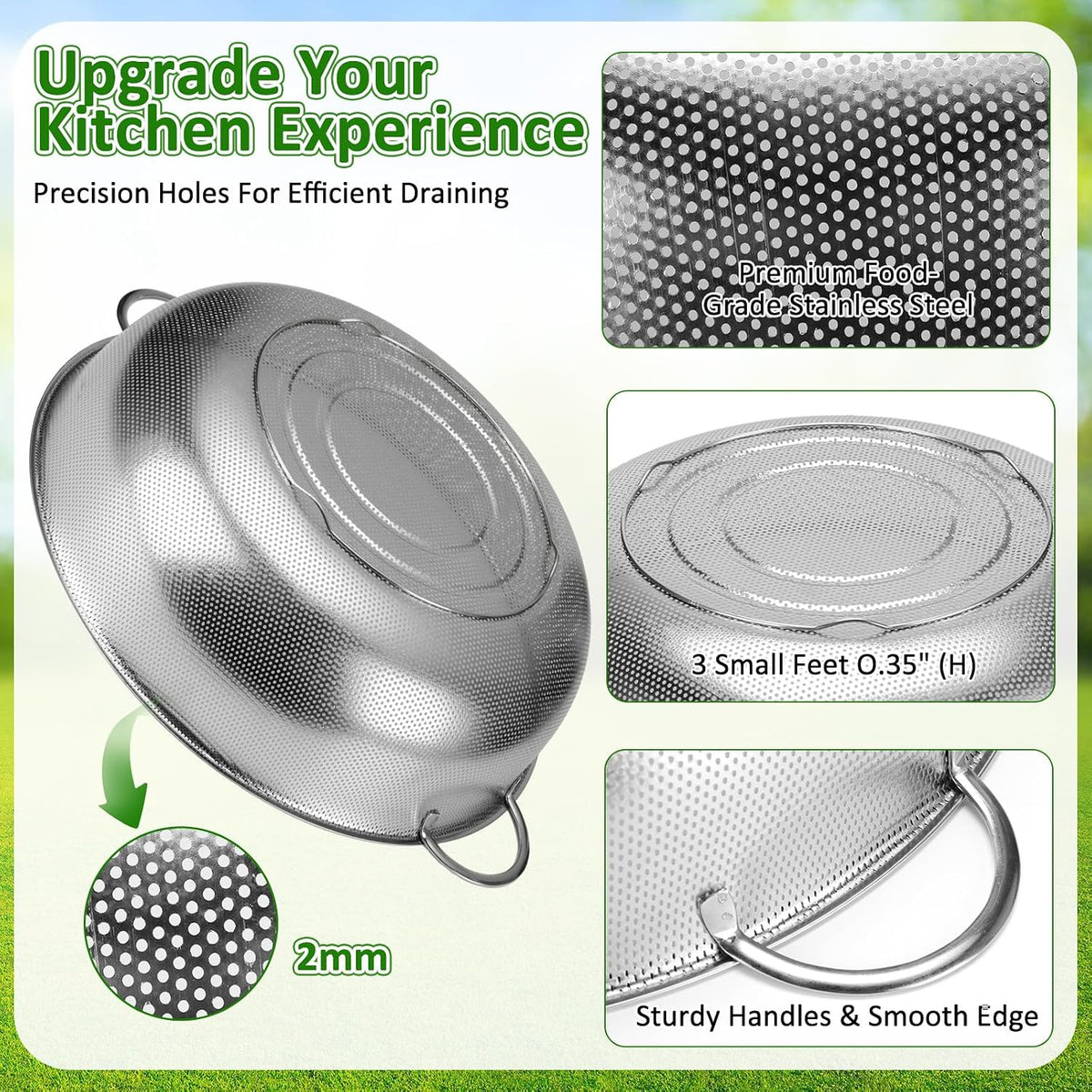 3 Pcs 10/12/16 Quart Stainless Steel Colander Set for Kitchen Micro Perforated Exlarge Metal Pasta Strainer with Handles Metal Mesh Strainer Net Basket Self Draining Solid Base for Pasta