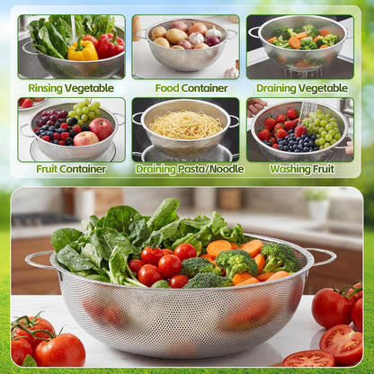 3 Pcs 10/12/16 Quart Stainless Steel Colander Set for Kitchen Micro Perforated Exlarge Metal Pasta Strainer with Handles Metal Mesh Strainer Net Basket Self Draining Solid Base for Pasta