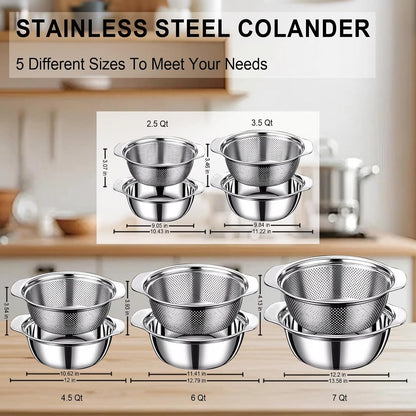 Colander for Kitchen, 1.5 QT 18/8 Stainless Steel Colander, Stainless Steel Strainer with Mixing Bowl, Rice Strainer with Handle for Washing Vegetables, Fruit, Rice, and Pasta (2 PC)
