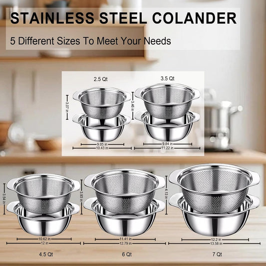 Colander for Kitchen, 1.5 QT 18/8 Stainless Steel Colander, Stainless Steel Strainer with Mixing Bowl, Rice Strainer with Handle for Washing Vegetables, Fruit, Rice, and Pasta (2 PC)