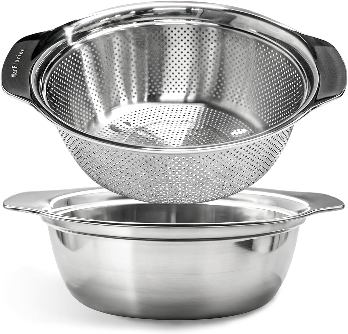 Colander for Kitchen, 1.5 QT 18/8 Stainless Steel Colander, Stainless Steel Strainer with Mixing Bowl, Rice Strainer with Handle for Washing Vegetables, Fruit, Rice, and Pasta (2 PC)