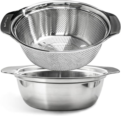 Colander for Kitchen, 1.5 QT 18/8 Stainless Steel Colander, Stainless Steel Strainer with Mixing Bowl, Rice Strainer with Handle for Washing Vegetables, Fruit, Rice, and Pasta (2 PC)
