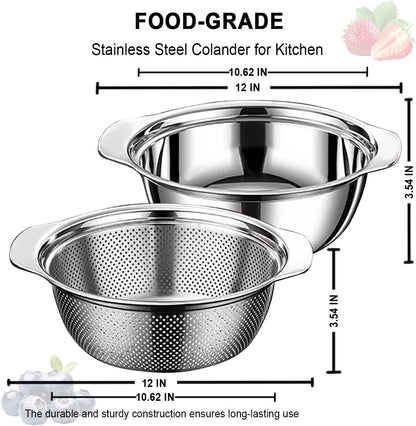 Colander for Kitchen, 1.5 QT 18/8 Stainless Steel Colander, Stainless Steel Strainer with Mixing Bowl, Rice Strainer with Handle for Washing Vegetables, Fruit, Rice, and Pasta (2 PC)