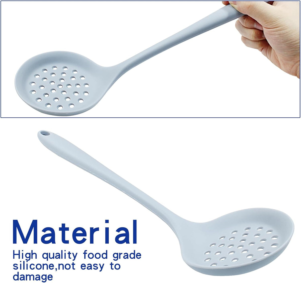 Round Slotted Spoon | 1 Pcs, Heat Resistant Silicone, Strainer Spoon, Non Stick Skimmer Spoon, Grey