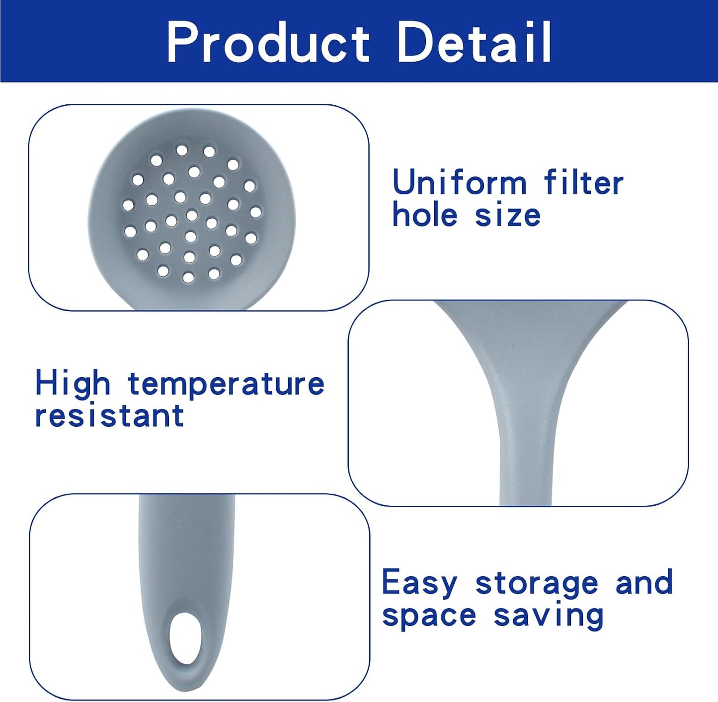 Round Slotted Spoon | 1 Pcs, Heat Resistant Silicone, Strainer Spoon, Non Stick Skimmer Spoon, Grey