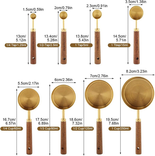 8Pcs Measuring Cups and Spoons Set, Stackable Measuring Cups with Wooden Handle, Stainless Steel Kitchen Measure Supplies Kit for Baking, Cooking(COLOR:gold+brown)