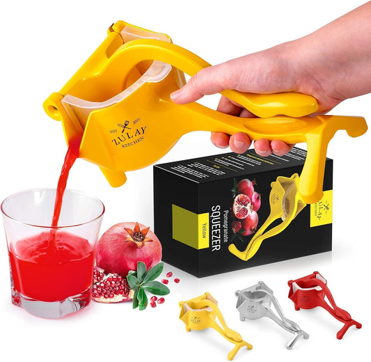 Zulay Manual Fruit Juicer- Heavy Duty Juice Press Squeezer with Detachable Lever & Removable Strainer - Fruit Press & Hand Juicer For Pomegranates, Lemons, Oranges, and More (Silver) (Yellow)