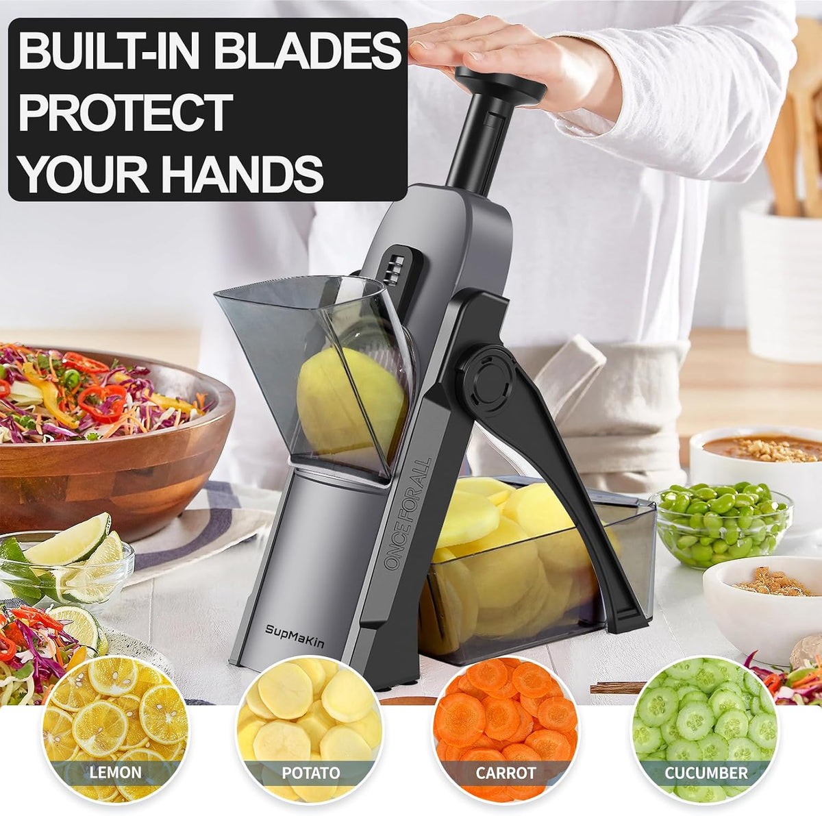 SupMaKin Safe Mandoline Slicer for Kitchen,Adjustable Potato Slicer 1-8 mm