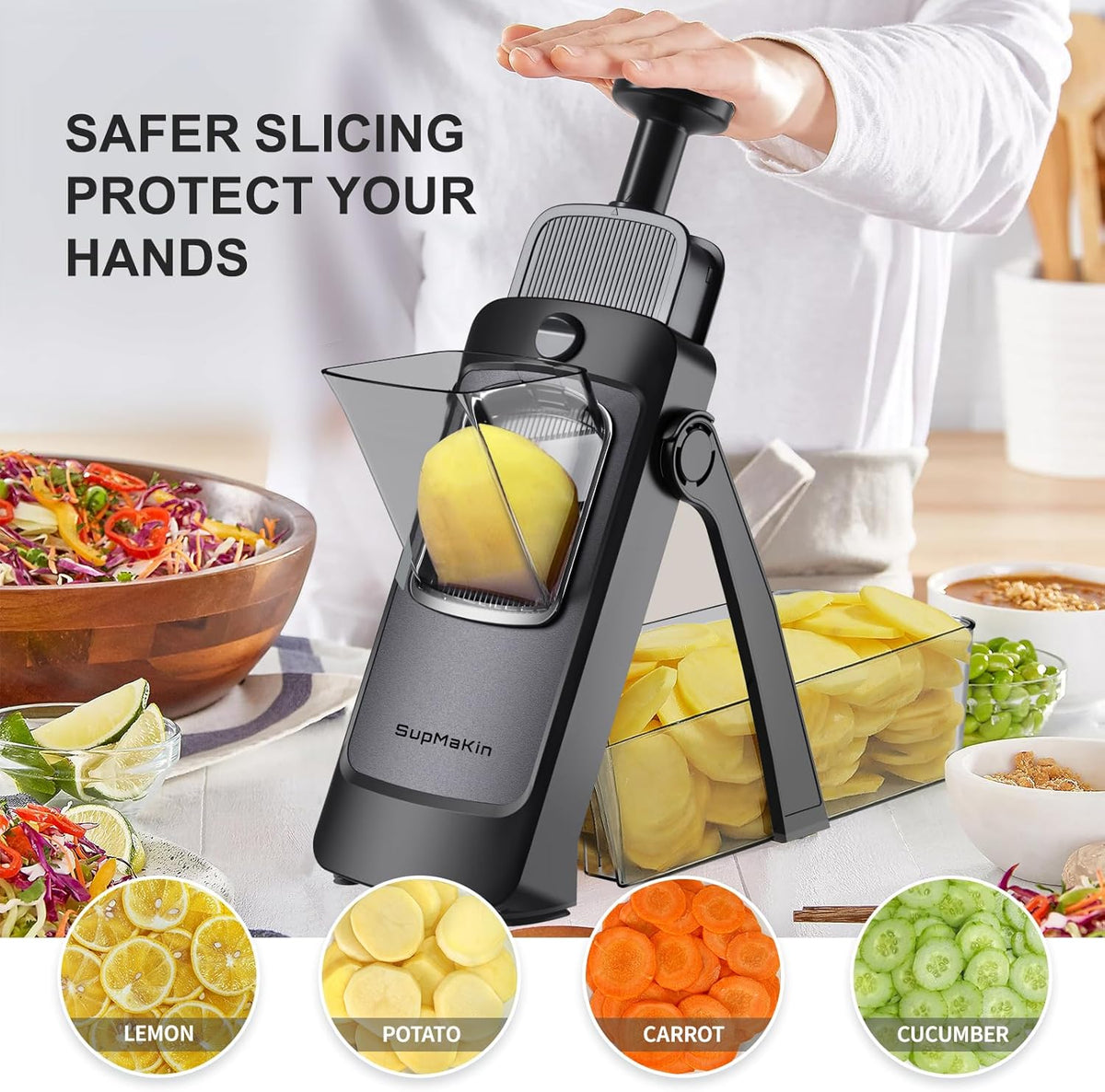 SupMaKin Safe Mandoline Slicer for Kitchen,Adjustable Potato Slicer 1-8 mm