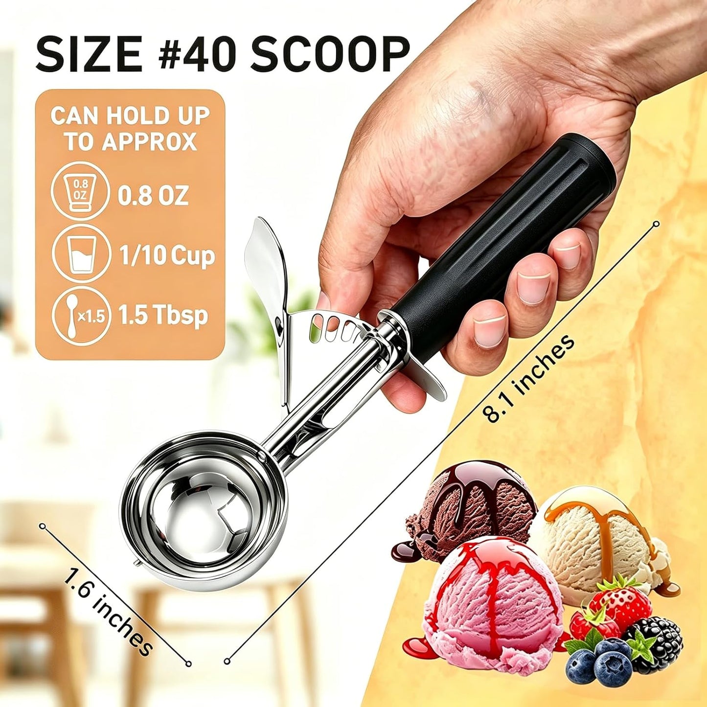 2 oz Scoop, Cookie Scoop for Baking, 2 oz Ice Cream Scoop with Trigger, #16 Disher, Portion Scoop, Blue Handle, Food Scoop for Ice Cream, Muffin, Cupcake Batter, Mashed Potato, Cookie Dough