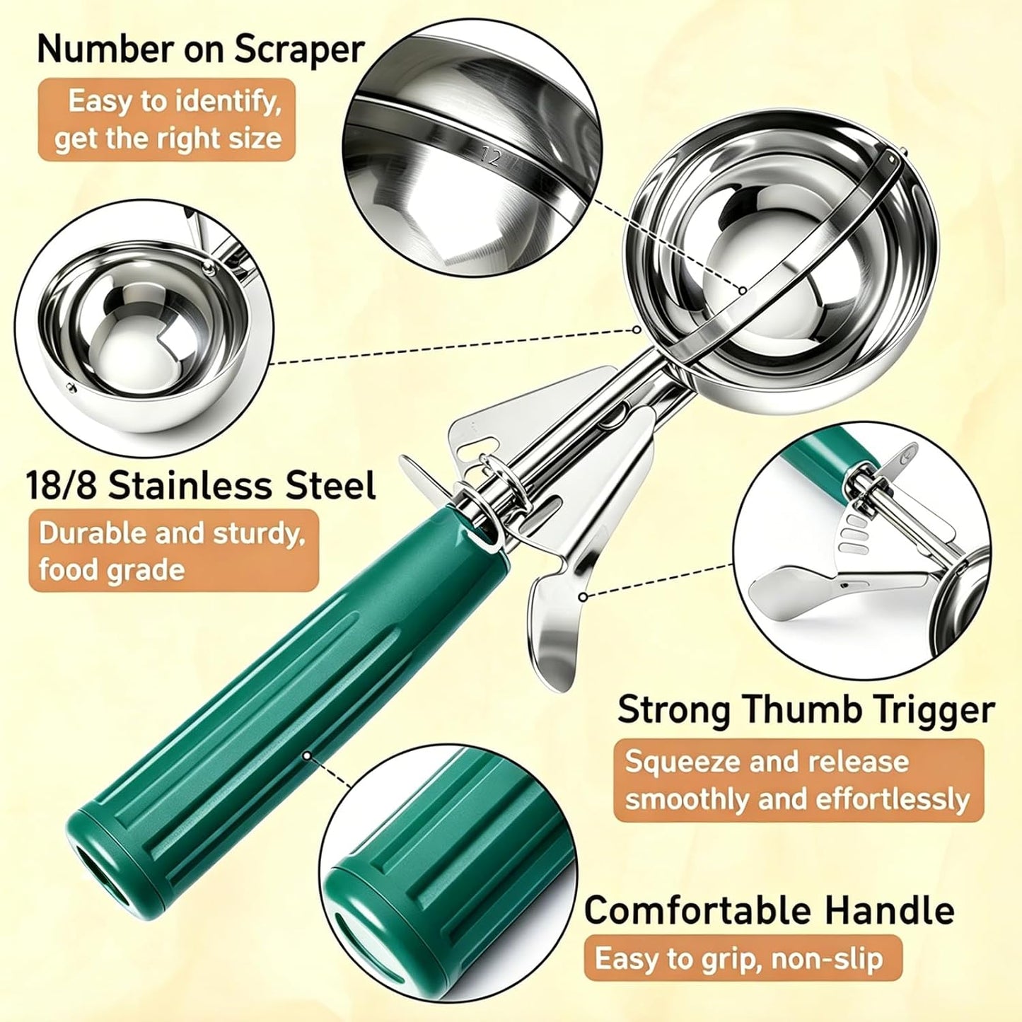 2 oz Scoop, Cookie Scoop for Baking, 2 oz Ice Cream Scoop with Trigger, #16 Disher, Portion Scoop, Blue Handle, Food Scoop for Ice Cream, Muffin, Cupcake Batter, Mashed Potato, Cookie Dough