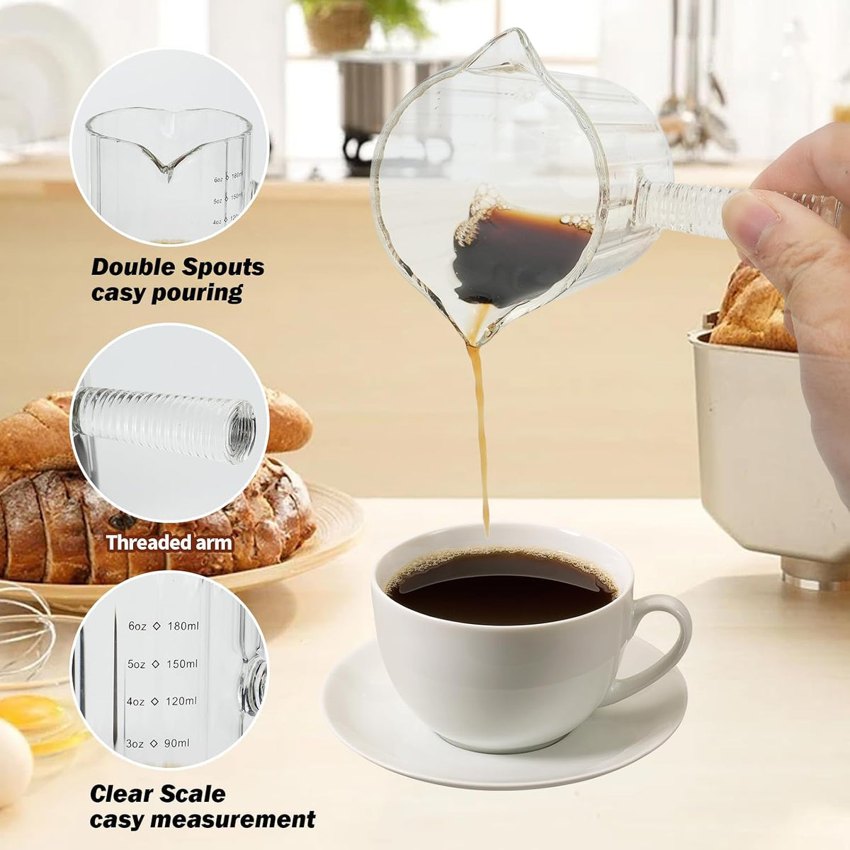 6 OZ Espresso Cups Double Shots Measuring Cup with Glass Handle, Clear