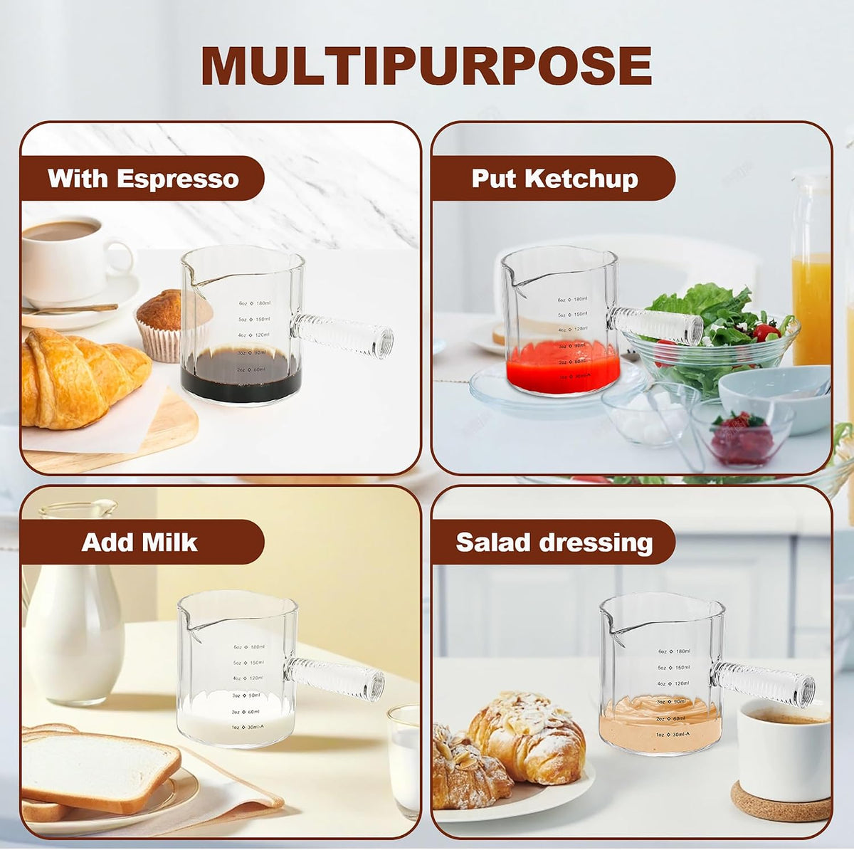6 OZ Espresso Cups Double Shots Measuring Cup with Glass Handle, Clear