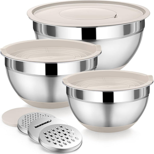 Mixing Bowl with Lid Set of 3, Stainless Steel Salad Bowls, Khaki | Nesting Bowls for Serving Preparing Storing, 3x Grater Attachments & Non-Slip Bottoms, Size 1.5/2.6/4.6 QT, Easy to Clean