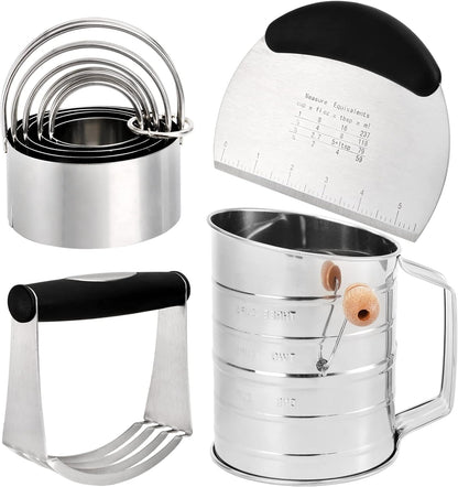 Pastry Cutter, Dough Blender, 3 Cup Flour Sifter and Biscuit Cutter, 8 Pieces Stainless Steel Professional Dough Tools for Baking Cookies and Donuts