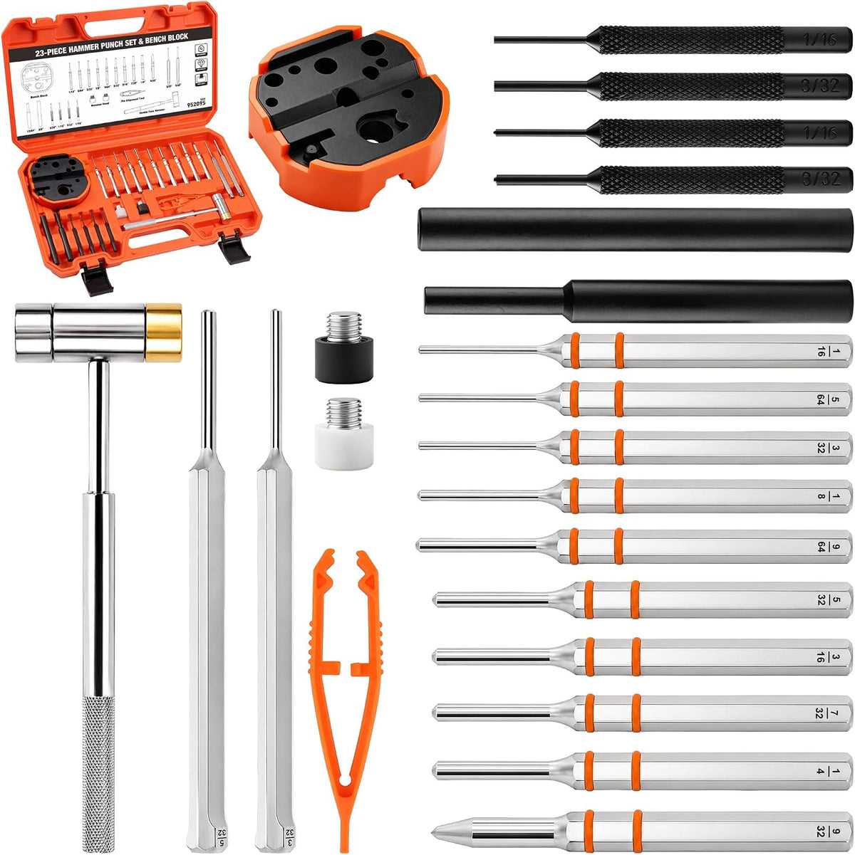 23-Piece Punch Set Roll Pin Punch Set and Hammer with Bench Block, Punch Tool Ideal for Maintenance