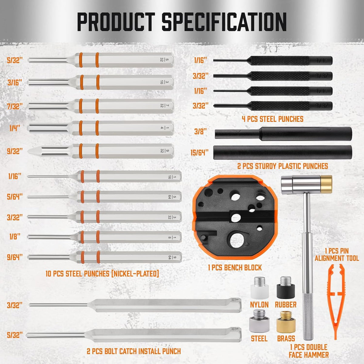 23-Piece Punch Set Roll Pin Punch Set and Hammer with Bench Block, Punch Tool Ideal for Maintenance