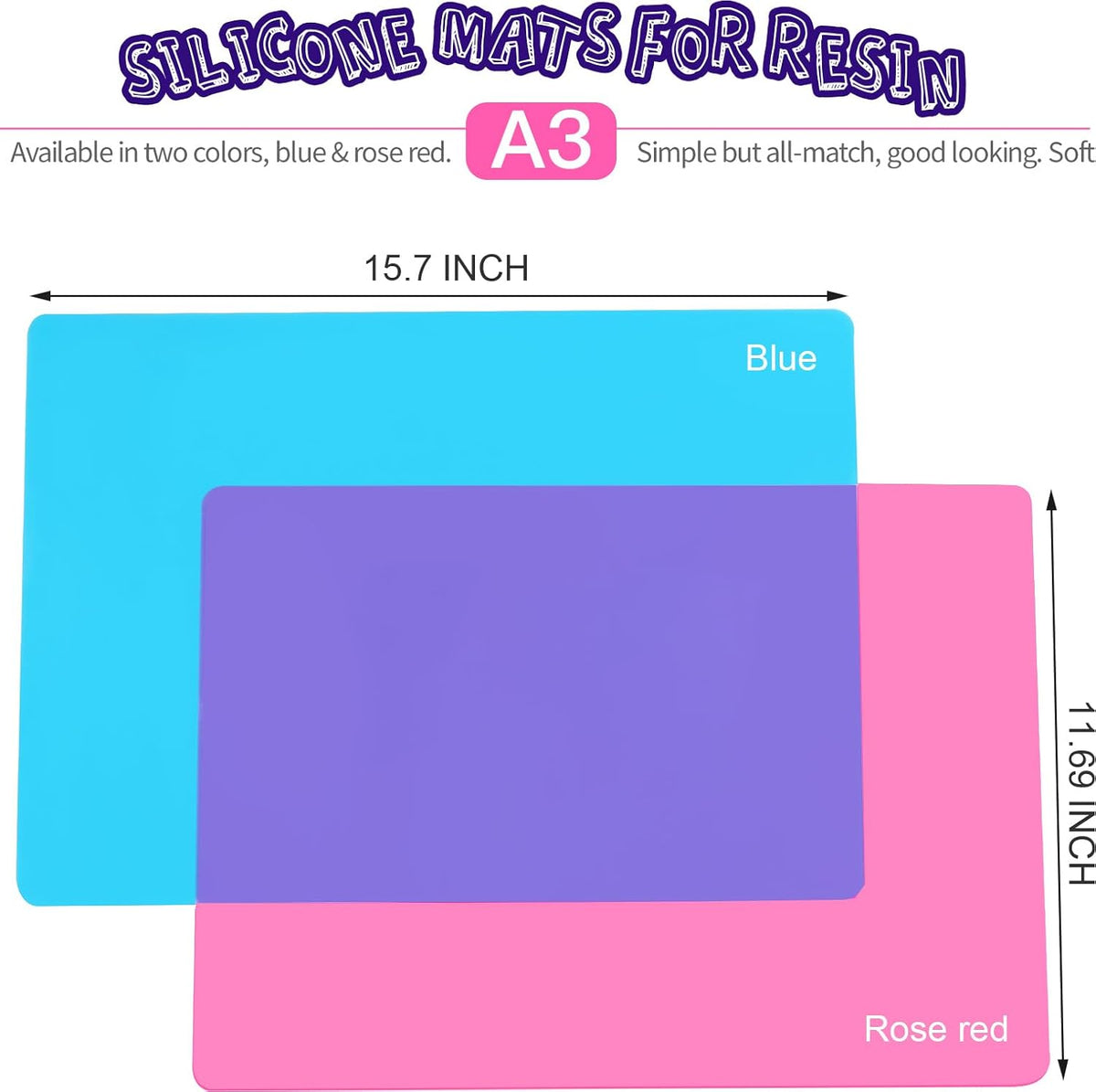 Silicone Mat, Silicone Mats for Crafts, 2pcs Silicone Mat for Jewelry Resin Molds, Silicone Mats for UV Resin Molds, DIY Art Crafts, Hot Pink & Light Purple, 11.69" x 8.26"