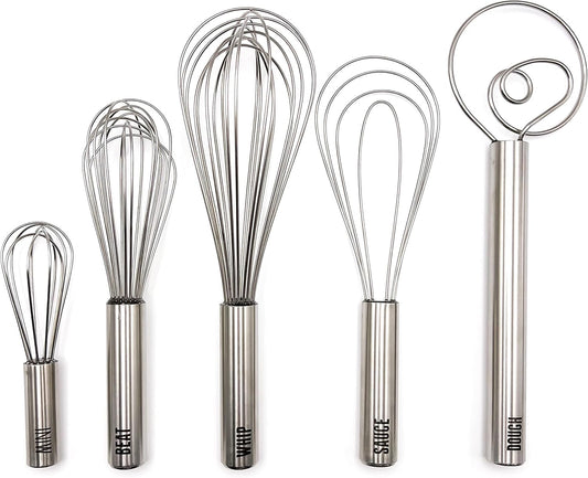 Stainless Steel Whisk Set of 5 Complete Dishwasher Safe Collection 6" Mini, 9" Beat, 10" Flat for Sauce, 11" Balloon Whip and 12" Dutch Dough Whisk for Cooking Whisking Mixing Whipping Beating