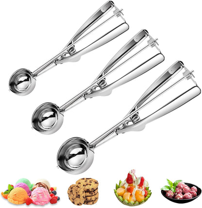 3PCS Ice Cream Scoop,Premium cookie scoop set,Small/Medium/Large stainless steel Scoops,Professional Ice cream Scooper with Trigger Release for Baking, Cookie, Fruit and Ice Cream