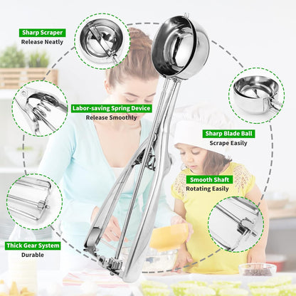 3PCS Ice Cream Scoop,Premium cookie scoop set,Small/Medium/Large stainless steel Scoops,Professional Ice cream Scooper with Trigger Release for Baking, Cookie, Fruit and Ice Cream