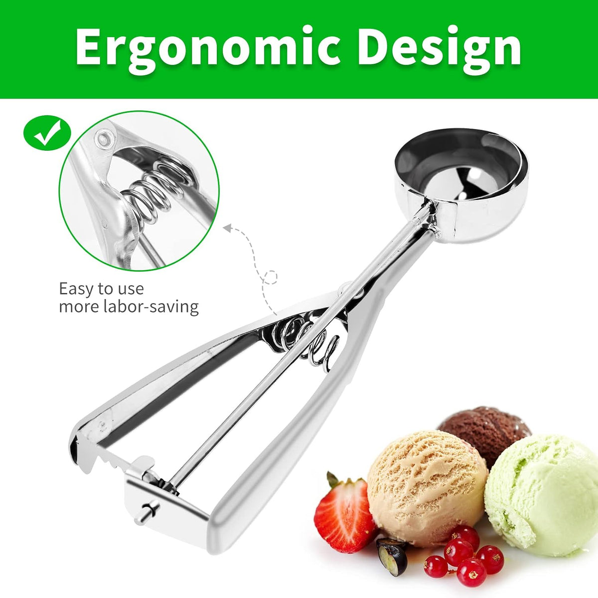 3PCS Ice Cream Scoop,Premium cookie scoop set,Small/Medium/Large stainless steel Scoops,Professional Ice cream Scooper with Trigger Release for Baking, Cookie, Fruit and Ice Cream