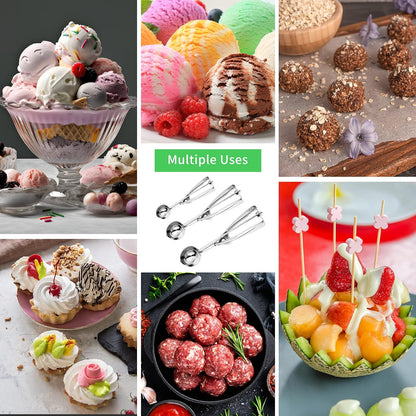 3PCS Ice Cream Scoop,Premium cookie scoop set,Small/Medium/Large stainless steel Scoops,Professional Ice cream Scooper with Trigger Release for Baking, Cookie, Fruit and Ice Cream