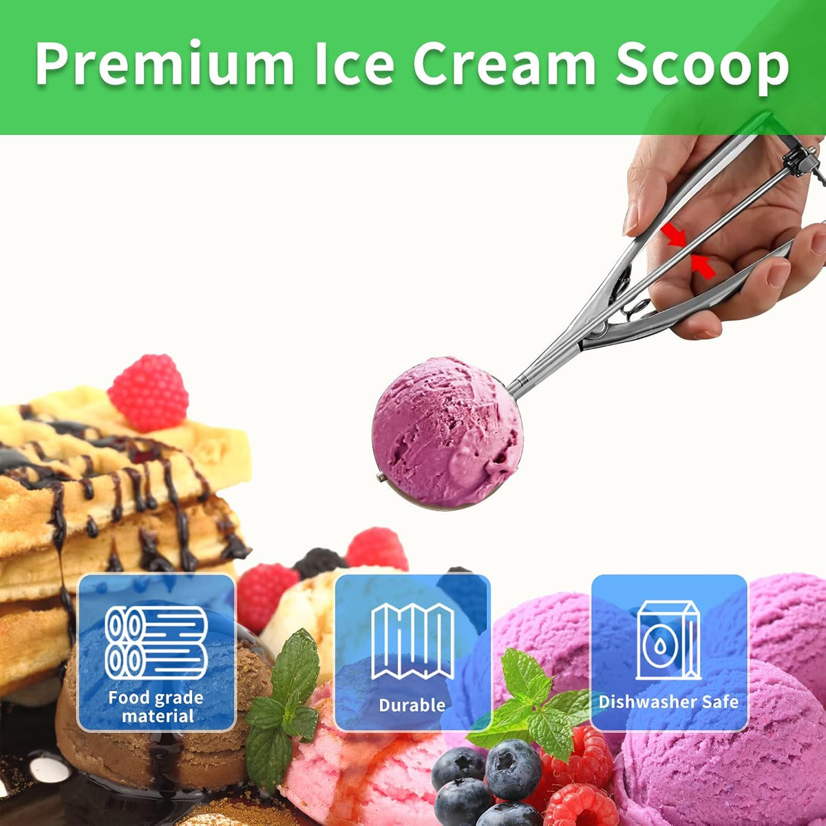 3PCS Ice Cream Scoop,Premium cookie scoop set,Small/Medium/Large stainless steel Scoops,Professional Ice cream Scooper with Trigger Release for Baking, Cookie, Fruit and Ice Cream