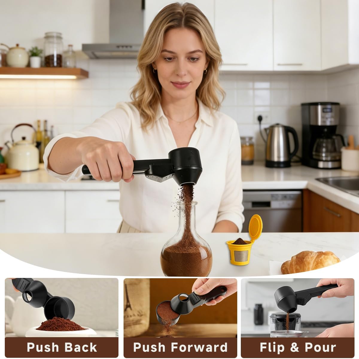 Coffee Scoop & Funnel for Reusable K Cup Refillable Coffee Pods, Coffee Measuring Spoon 2 Tablespoon Capacity for Ground Coffee, Protein Powder & Tea, Funnel Design without Spilling(Black)