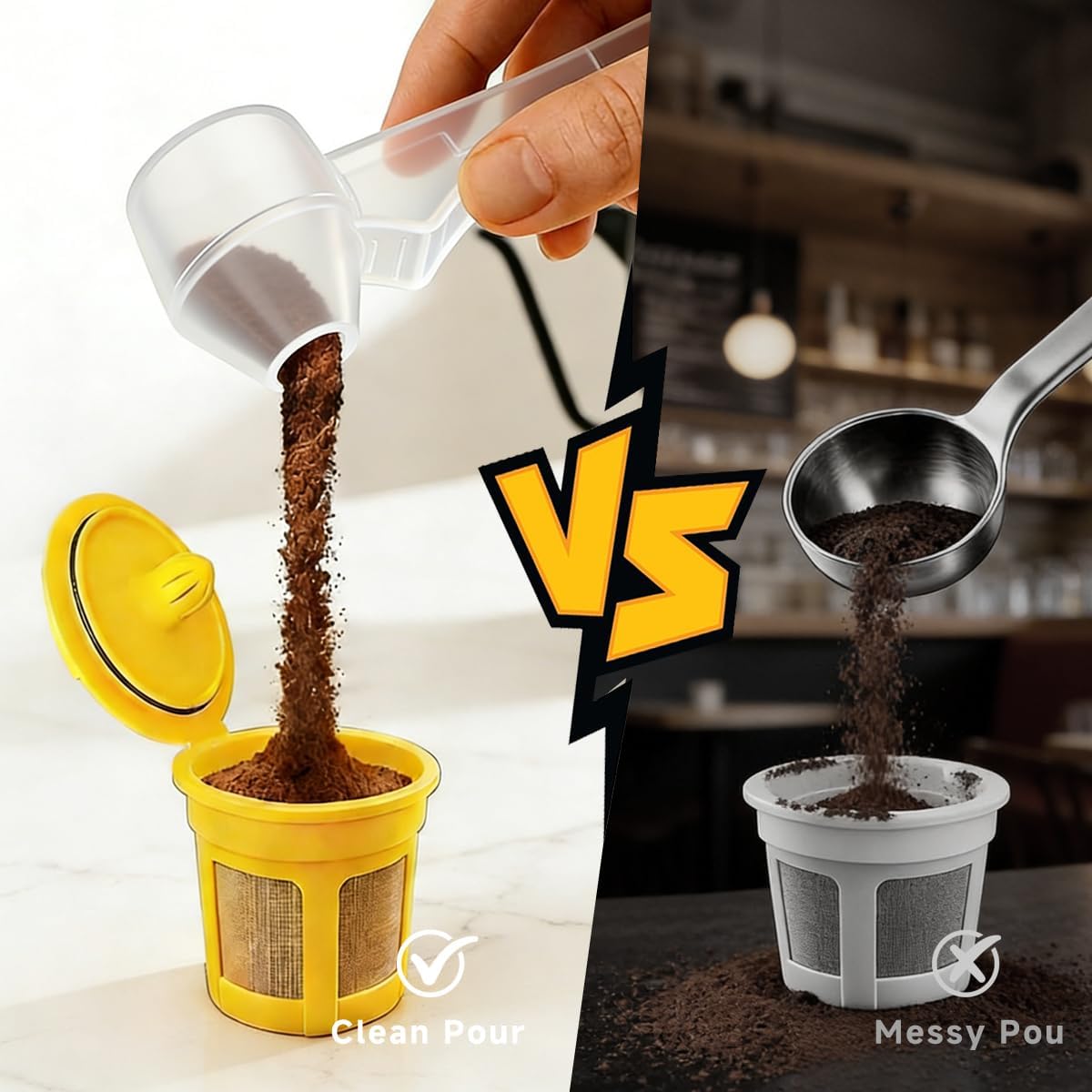 Coffee Scoop & Funnel for Reusable K Cup Refillable Coffee Pods, Coffee Measuring Spoon 2 Tablespoon Capacity for Ground Coffee, Protein Powder & Tea, Funnel Design without Spilling(Black)
