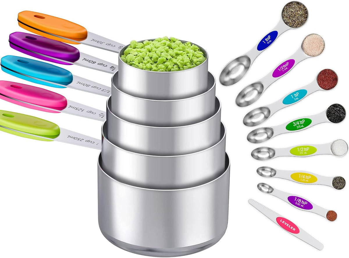 13PCS Magnetic Measuring Cups and Spoons Set - 7 Double-Sided Stainless Steel Magnetic Measuring Spoons & 1 Leveler + 5 Stainless Steel Measuring Cups - Kitchen Baking Tools for Cooking