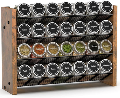 Spice Rack Organizer for Cabinet, Wood 4-Tier Vertical Seasoning Organizer, Wall Mount or Countertop Spice Shelf, Holds 28 Jars (No Jars Included), 14" W x 9.4" H