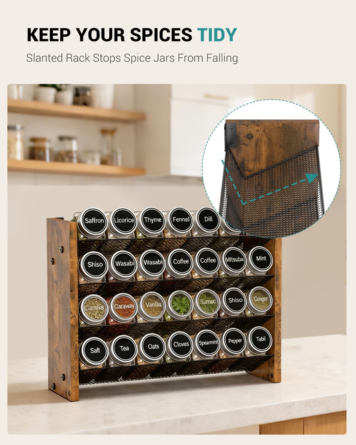 Spice Rack Organizer for Cabinet, Wood 4-Tier Vertical Seasoning Organizer, Wall Mount or Countertop Spice Shelf, Holds 28 Jars (No Jars Included), 14" W x 9.4" H