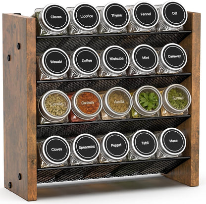 Spice Rack Organizer for Cabinet, Wood 4-Tier Vertical Seasoning Organizer, Wall Mount or Countertop Spice Shelf, Holds 28 Jars (No Jars Included), 14" W x 9.4" H