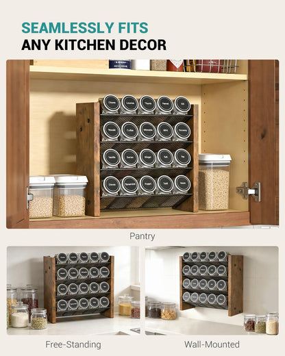 Spice Rack Organizer for Cabinet, Wood 4-Tier Vertical Seasoning Organizer, Wall Mount or Countertop Spice Shelf, Holds 28 Jars (No Jars Included), 14" W x 9.4" H