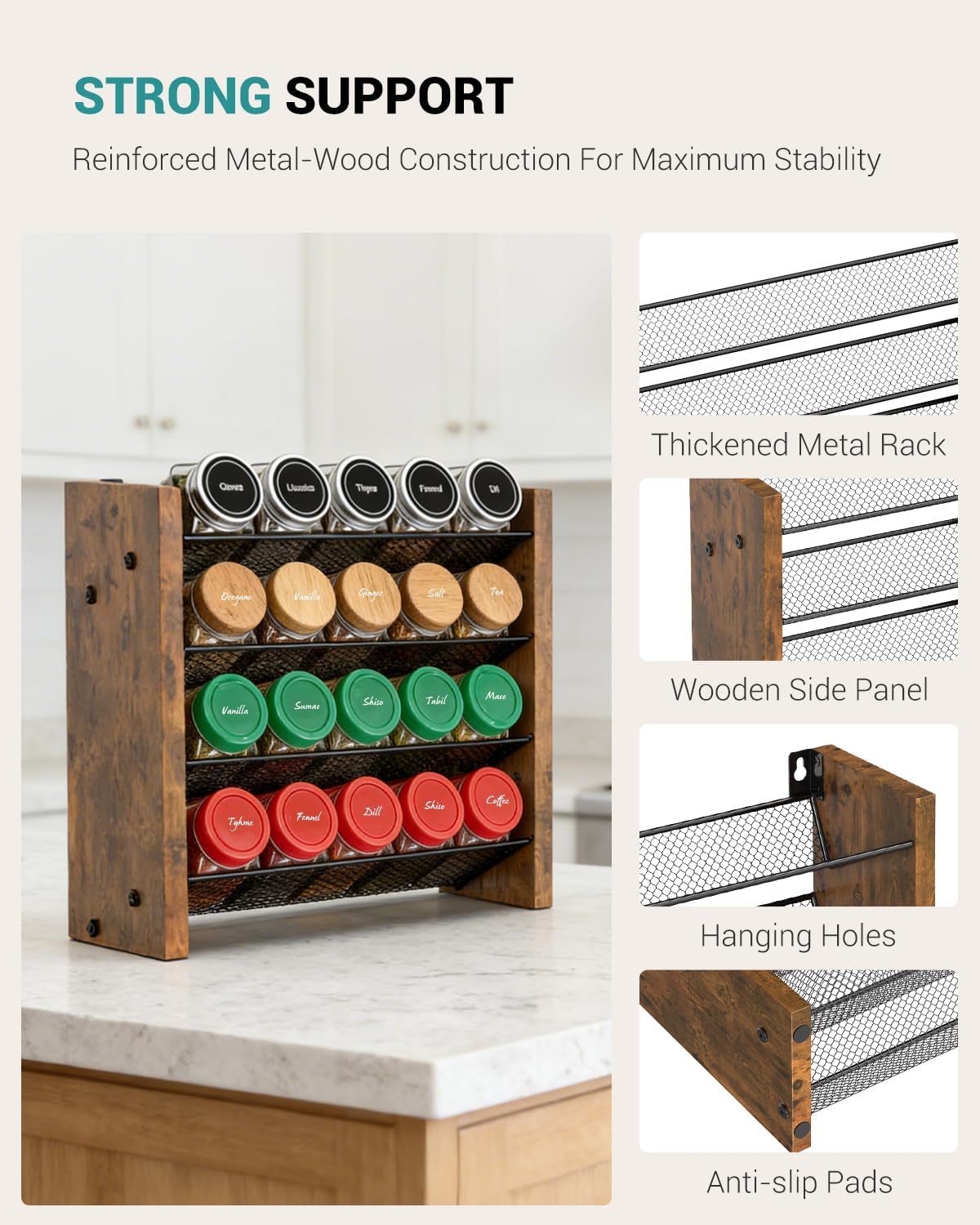 Spice Rack Organizer for Cabinet, Wood 4-Tier Vertical Seasoning Organizer, Wall Mount or Countertop Spice Shelf, Holds 28 Jars (No Jars Included), 14" W x 9.4" H