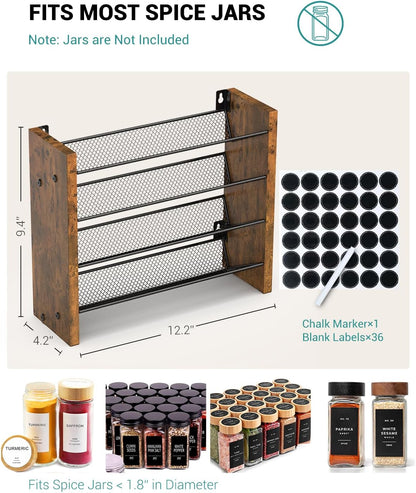Spice Rack Organizer for Cabinet, Wood 4-Tier Vertical Seasoning Organizer, Wall Mount or Countertop Spice Shelf, Holds 28 Jars (No Jars Included), 14" W x 9.4" H