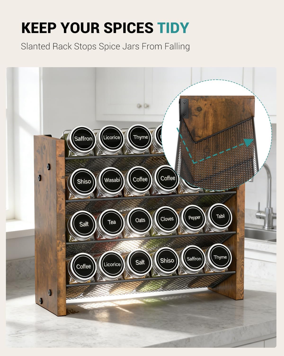 Spice Rack Organizer for Cabinet, Wood 4-Tier Vertical Seasoning Organizer, Wall Mount or Countertop Spice Shelf, Holds 28 Jars (No Jars Included), 14" W x 9.4" H