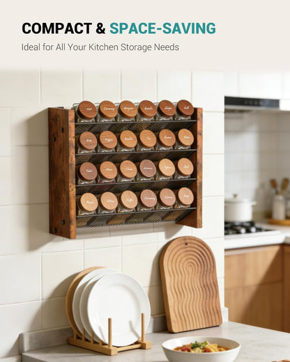 Spice Rack Organizer for Cabinet, Wood 4-Tier Vertical Seasoning Organizer, Wall Mount or Countertop Spice Shelf, Holds 28 Jars (No Jars Included), 14" W x 9.4" H