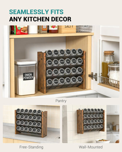 Spice Rack Organizer for Cabinet, Wood 4-Tier Vertical Seasoning Organizer, Wall Mount or Countertop Spice Shelf, Holds 28 Jars (No Jars Included), 14" W x 9.4" H