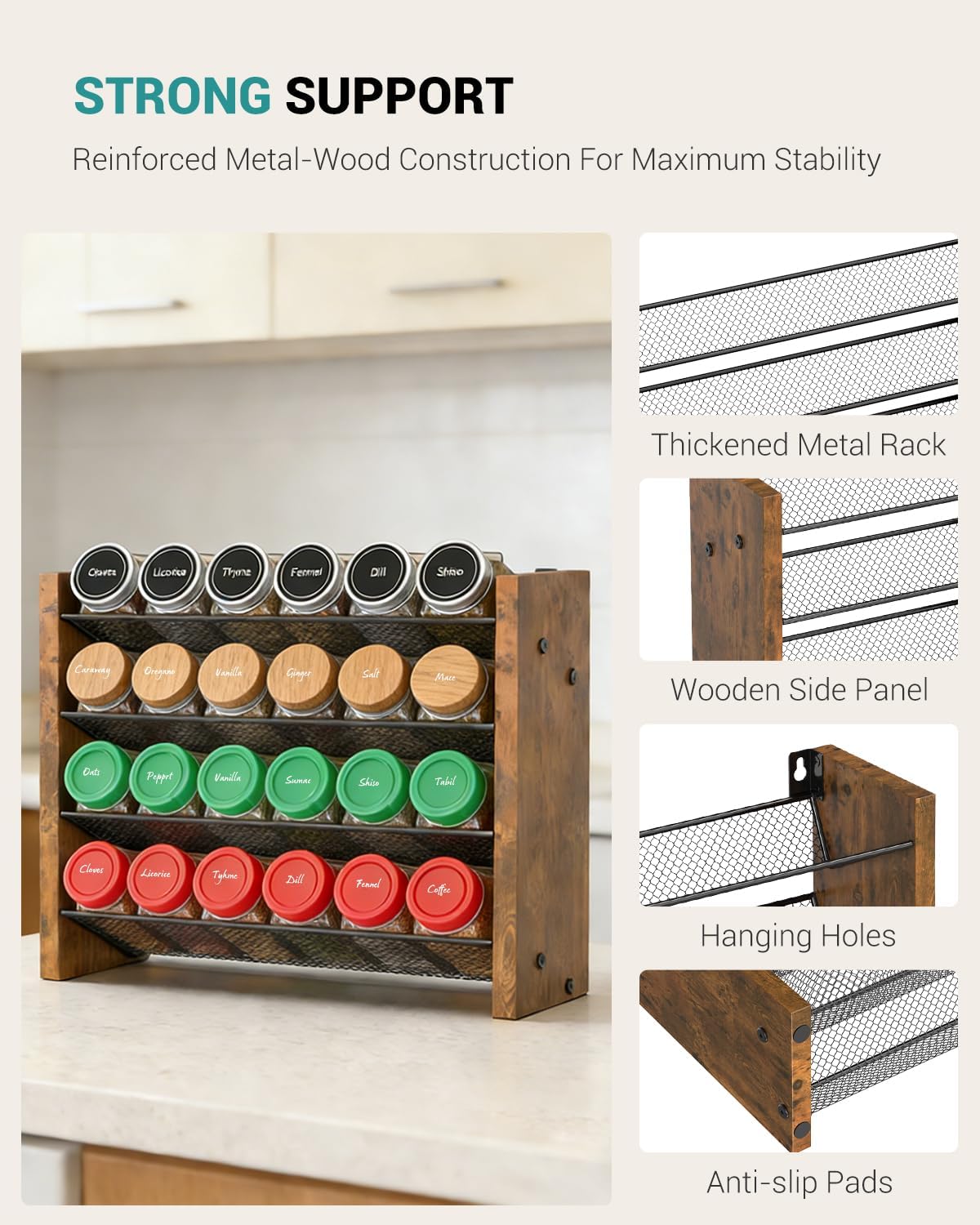 Spice Rack Organizer for Cabinet, Wood 4-Tier Vertical Seasoning Organizer, Wall Mount or Countertop Spice Shelf, Holds 28 Jars (No Jars Included), 14" W x 9.4" H