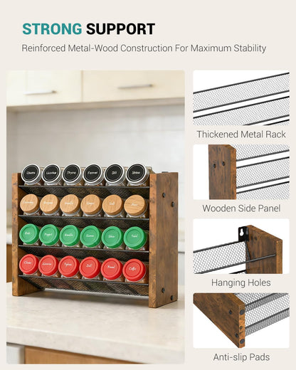 Spice Rack Organizer for Cabinet, Wood 4-Tier Vertical Seasoning Organizer, Wall Mount or Countertop Spice Shelf, Holds 28 Jars (No Jars Included), 14" W x 9.4" H