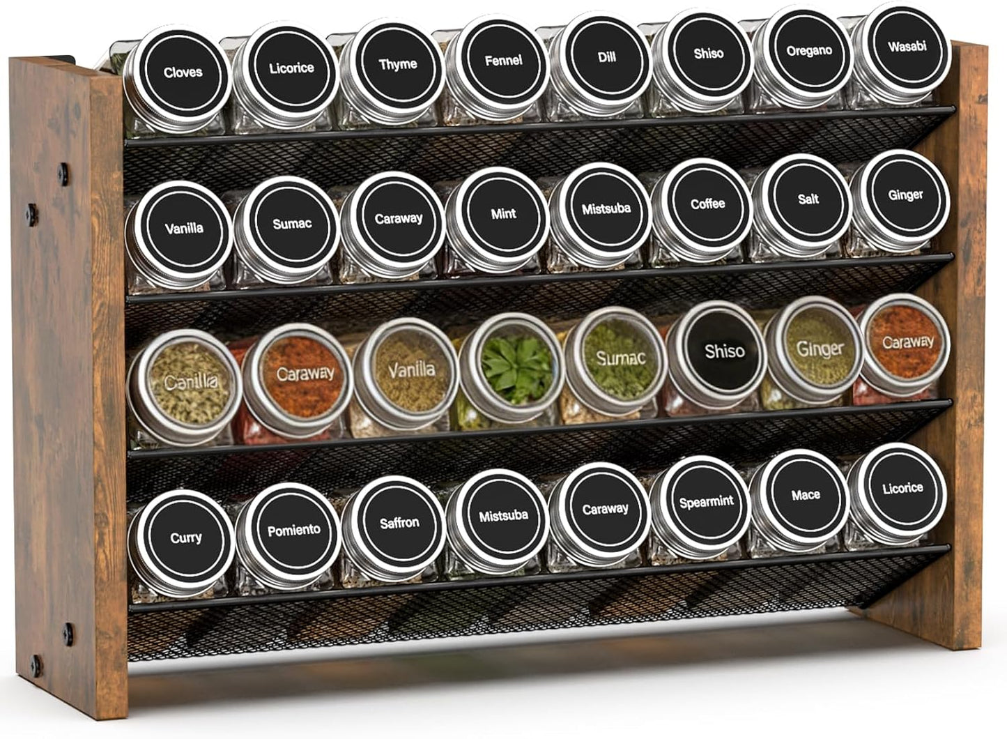Spice Rack Organizer for Cabinet, Wood 4-Tier Vertical Seasoning Organizer, Wall Mount or Countertop Spice Shelf, Holds 28 Jars (No Jars Included), 14" W x 9.4" H
