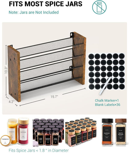 Spice Rack Organizer for Cabinet, Wood 4-Tier Vertical Seasoning Organizer, Wall Mount or Countertop Spice Shelf, Holds 28 Jars (No Jars Included), 14" W x 9.4" H