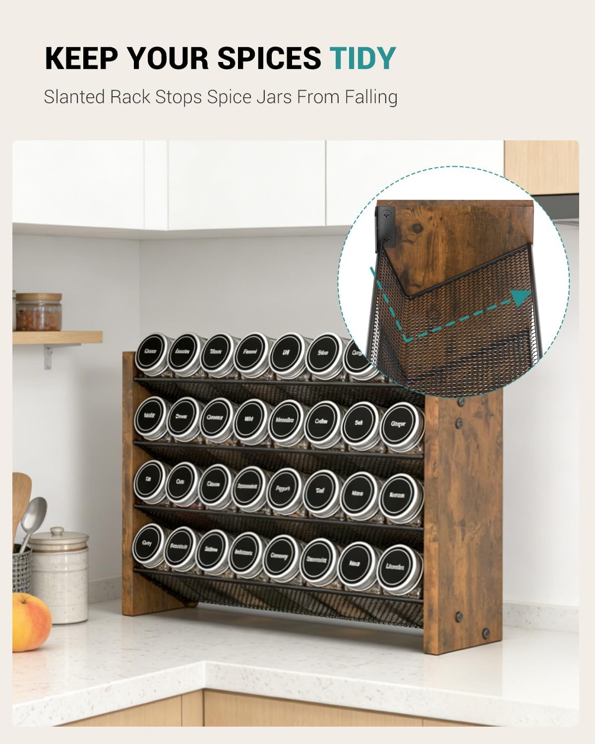 Spice Rack Organizer for Cabinet, Wood 4-Tier Vertical Seasoning Organizer, Wall Mount or Countertop Spice Shelf, Holds 28 Jars (No Jars Included), 14" W x 9.4" H