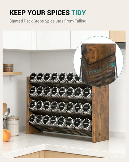 Spice Rack Organizer for Cabinet, Wood 4-Tier Vertical Seasoning Organizer, Wall Mount or Countertop Spice Shelf, Holds 28 Jars (No Jars Included), 14" W x 9.4" H
