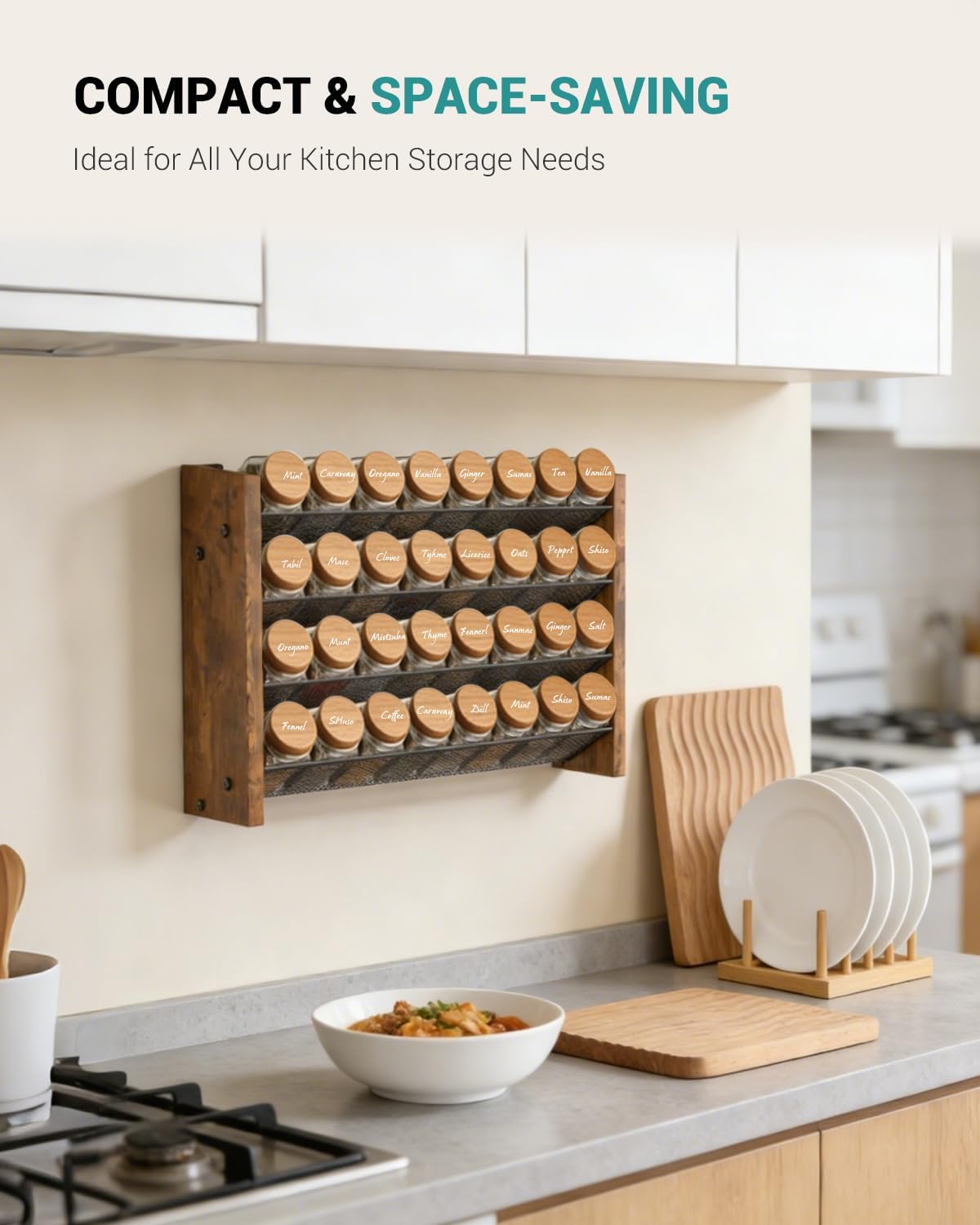 Spice Rack Organizer for Cabinet, Wood 4-Tier Vertical Seasoning Organizer, Wall Mount or Countertop Spice Shelf, Holds 28 Jars (No Jars Included), 14" W x 9.4" H
