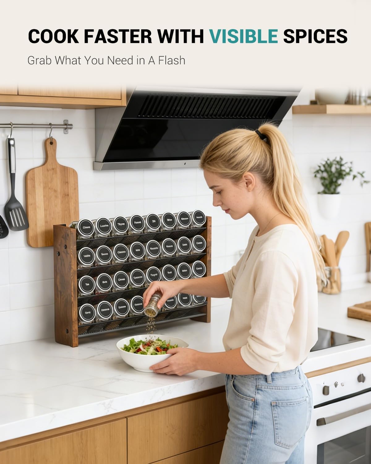Spice Rack Organizer for Cabinet, Wood 4-Tier Vertical Seasoning Organizer, Wall Mount or Countertop Spice Shelf, Holds 28 Jars (No Jars Included), 14" W x 9.4" H